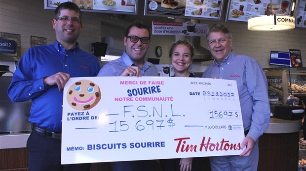 Grâce à la collecte de fonds Biscuits Sourire de TIM HORTONS®, la Fondation pour la Santé du Nord de Lanaudière a reçu une somme de 15 697 $